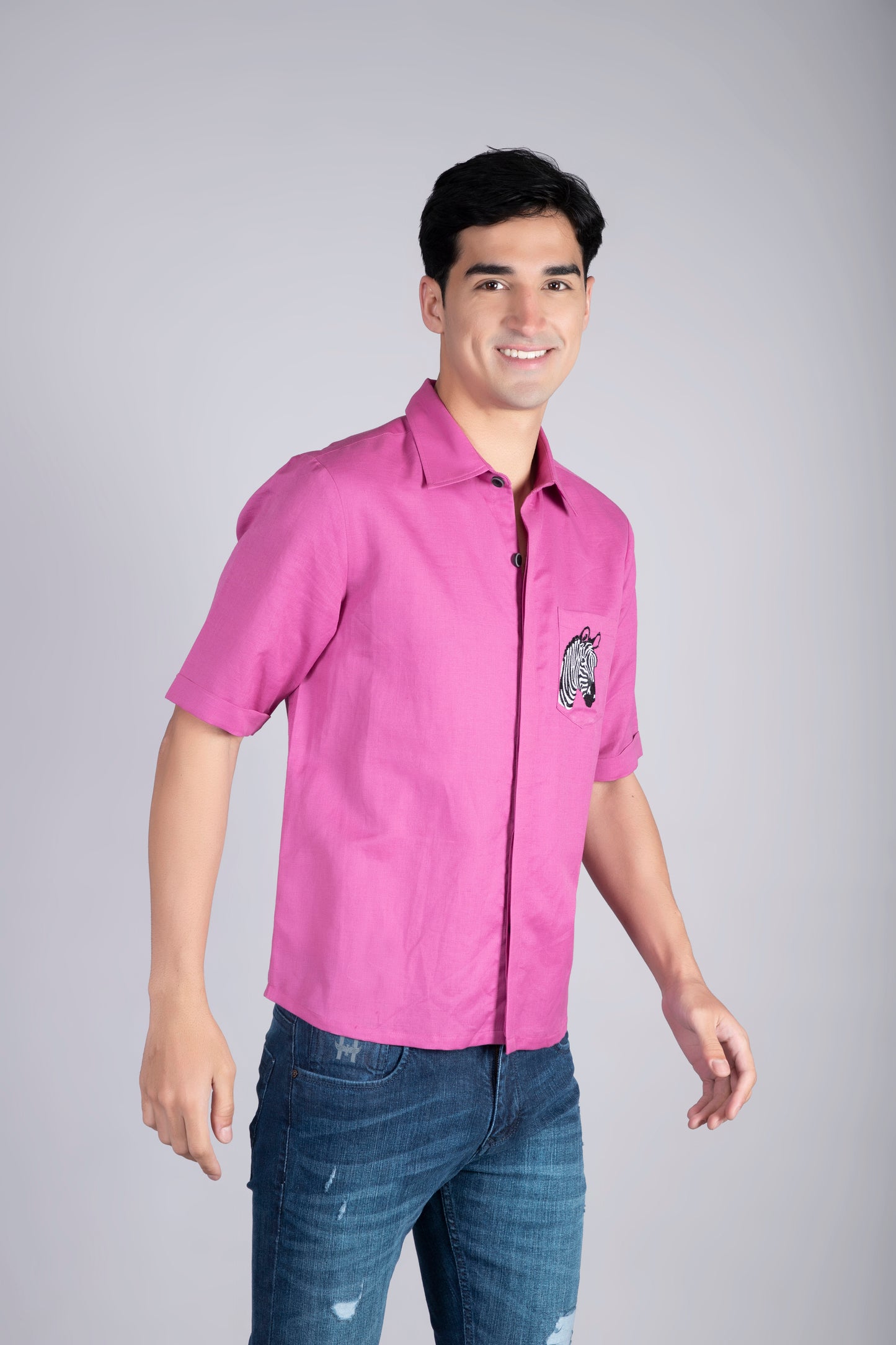Men’s Pink Linen Shirt with Embroidery