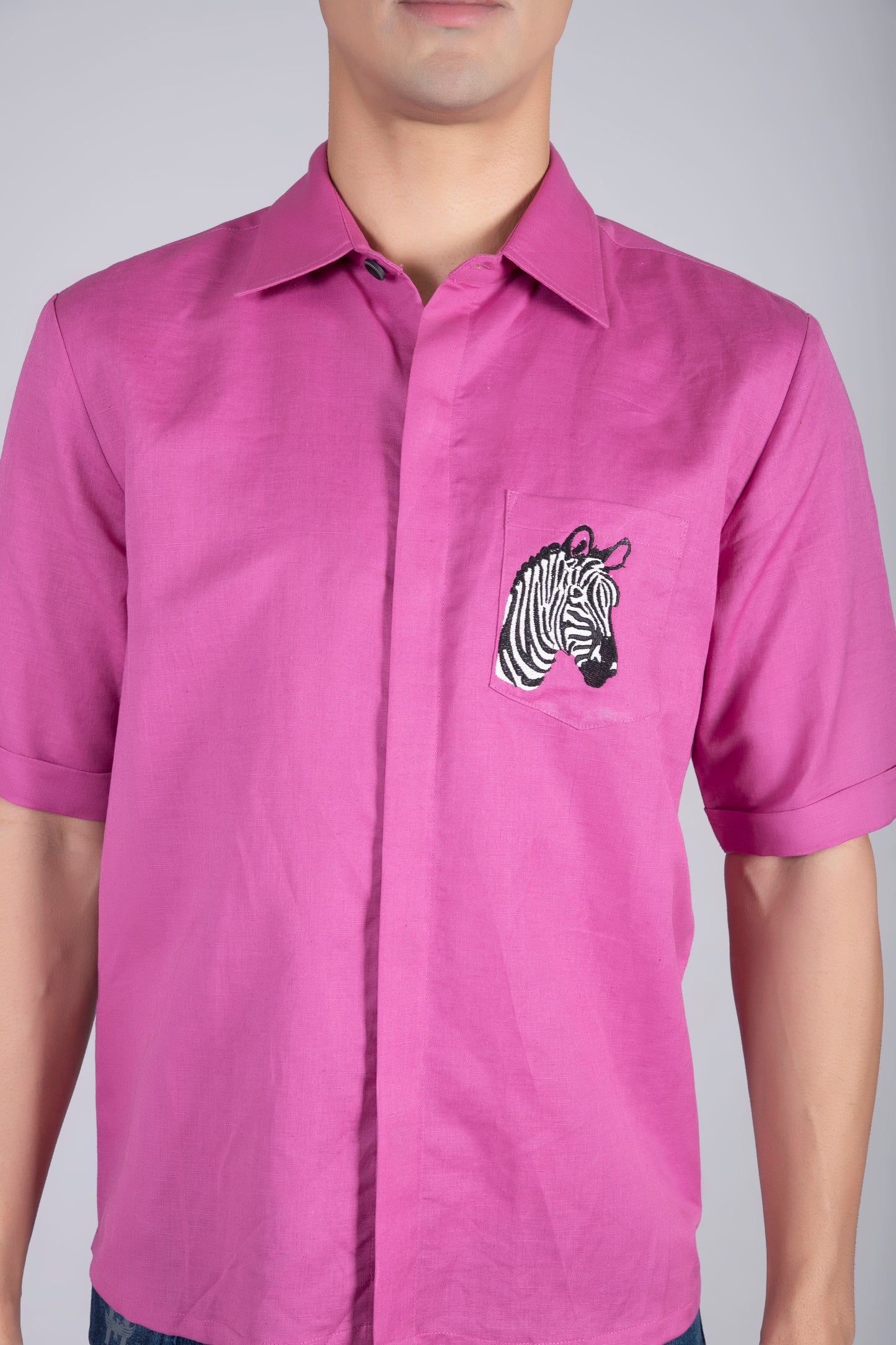 Men’s Pink Linen Shirt with Embroidery