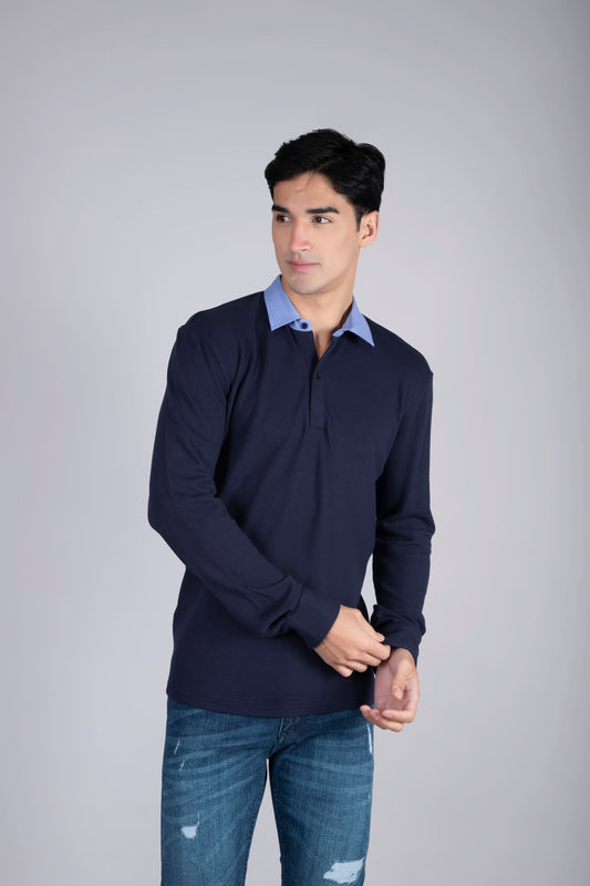 Men’s Navy Blue Polo Sweatshirt with Contrast Collar