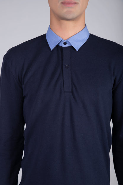 Men’s Navy Blue Polo Sweatshirt with Contrast Collar