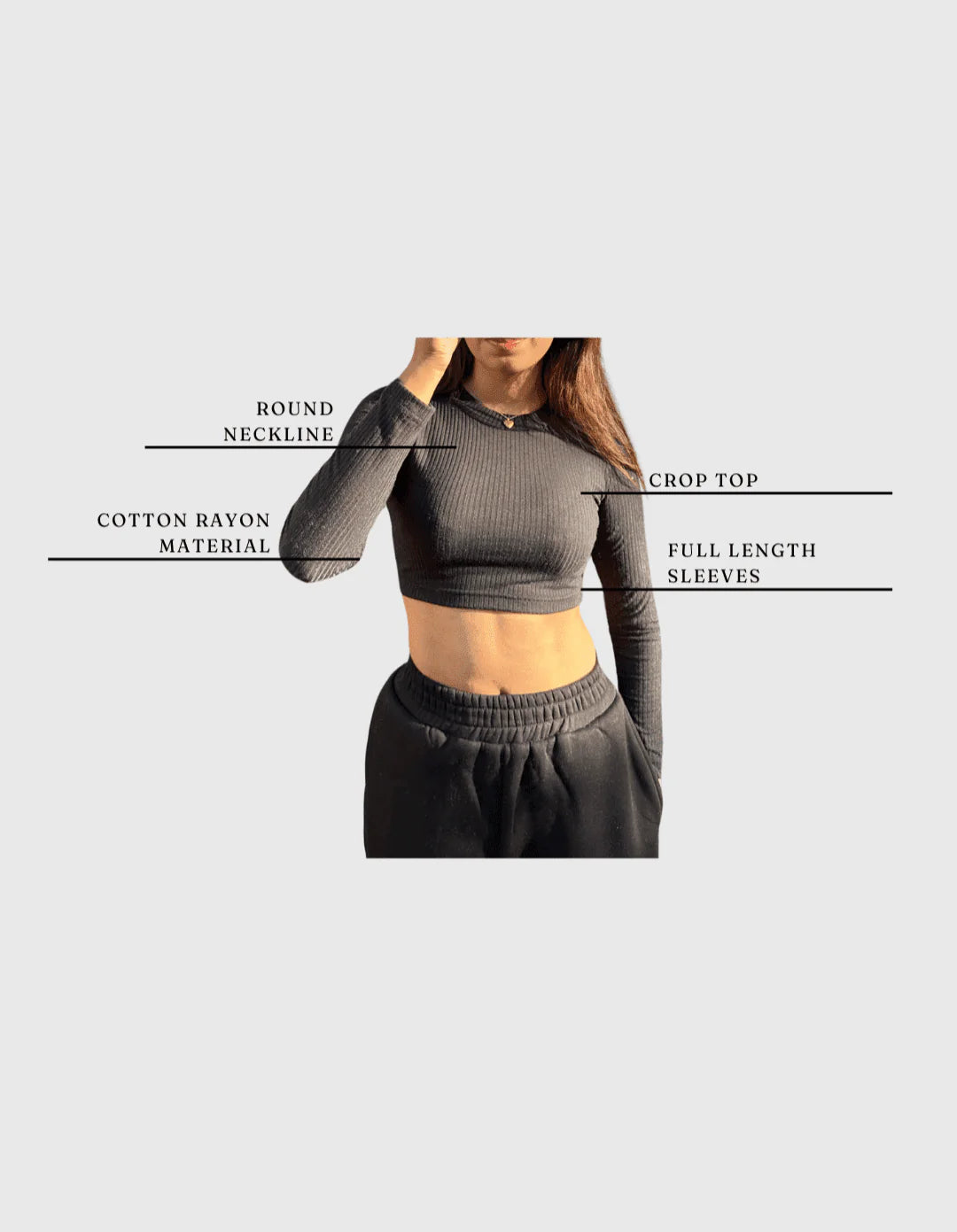 Women's Black Ribbed Knit Crop Top – Full Sleeves, Round Neck | Casual Fitted Style