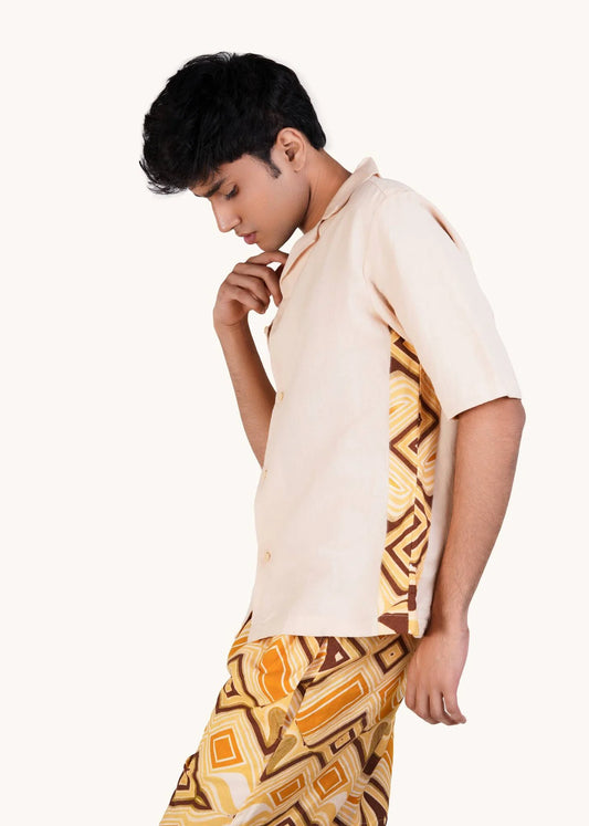 Men’s Beige & Mustard Retro Geometric Print Shirt for Summer Vacations
