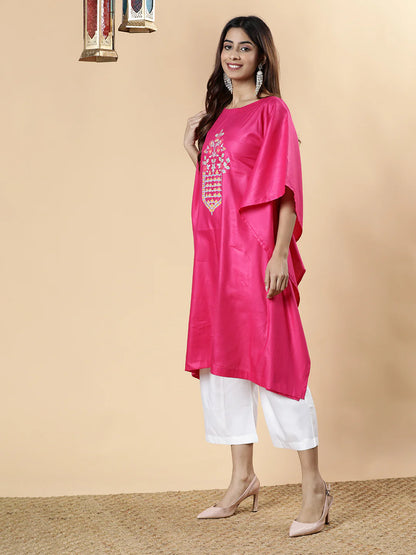 Magenta Rayon Long-Kaftan - Mughal Print