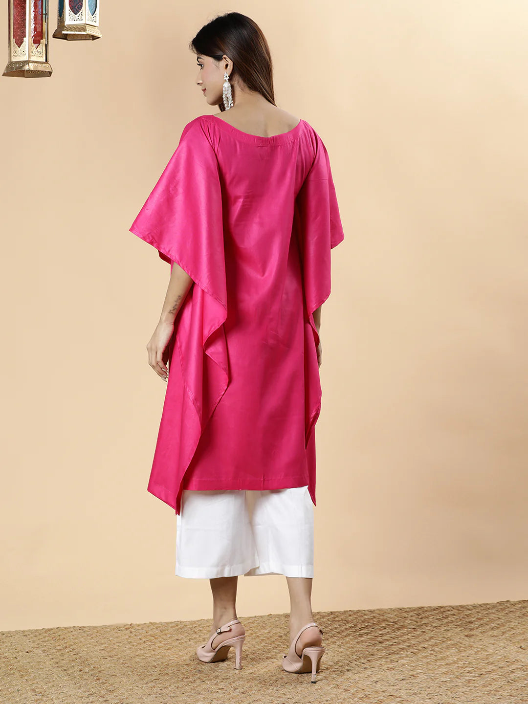 Magenta Rayon Long-Kaftan - Mughal Print