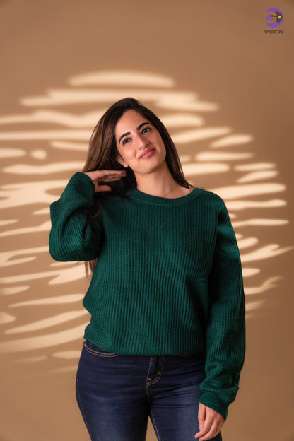 Women’s Deep Green Ribbed Knit Sweater