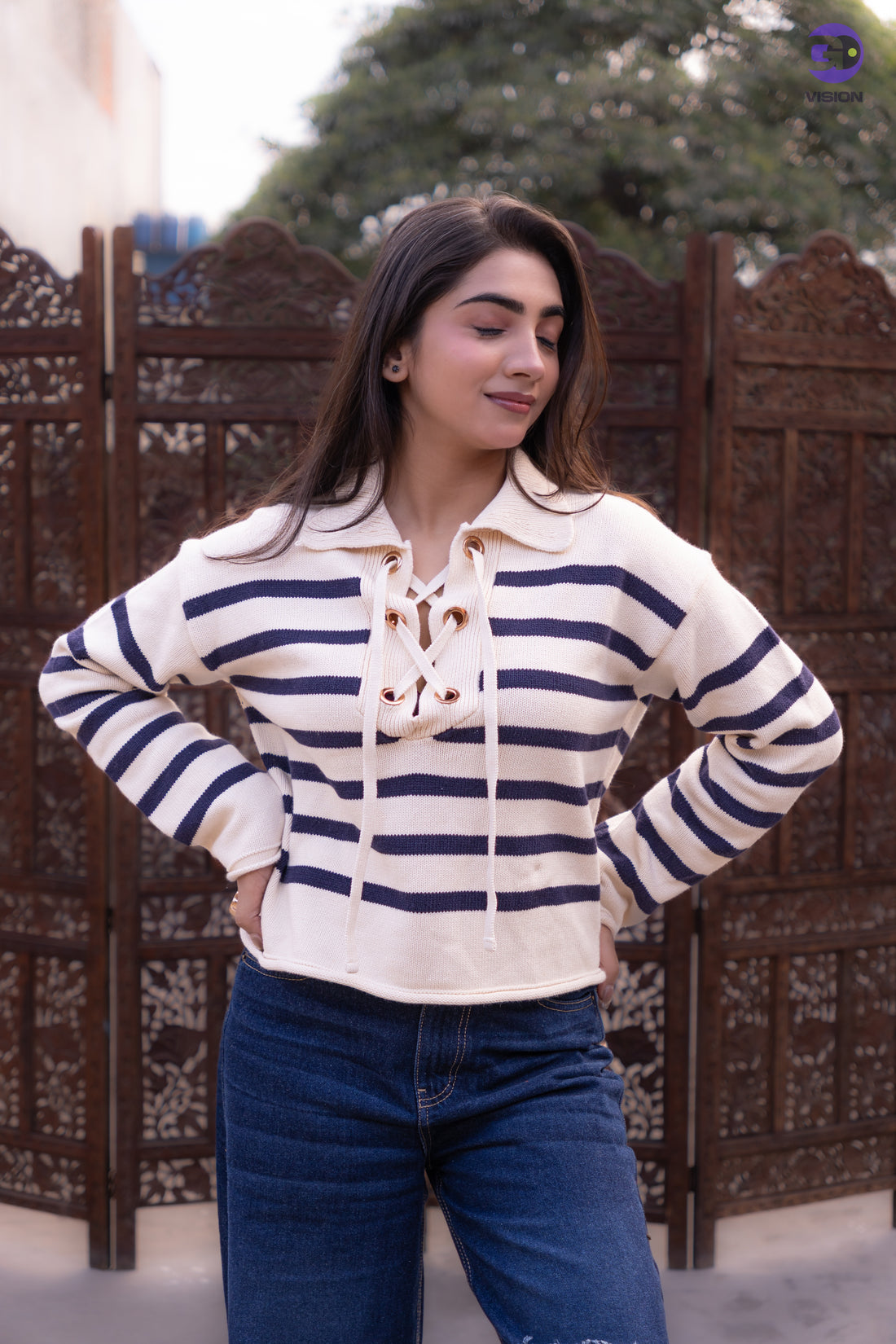 Women’s Striped Lace-Up Sweater
