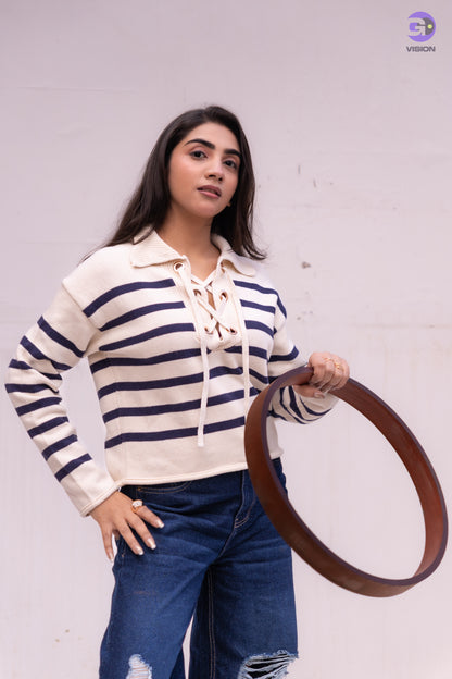 Women’s Striped Lace-Up Sweater