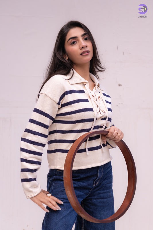 Women’s Striped Lace-Up Sweater