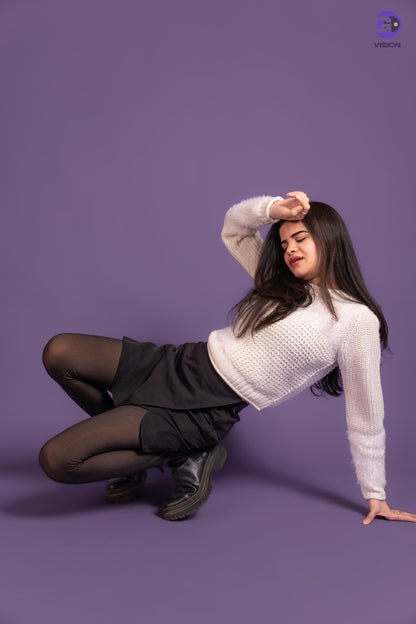 Women’s Soft White Textured Knit Sweater with Fur Patch Work