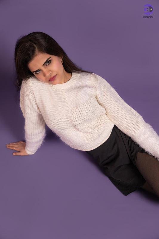 Women’s Soft White Textured Knit Sweater with Fur Patch Work