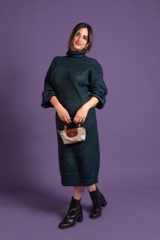 Women’s Bottle Green Turtleneck Long Knit Winter Dress