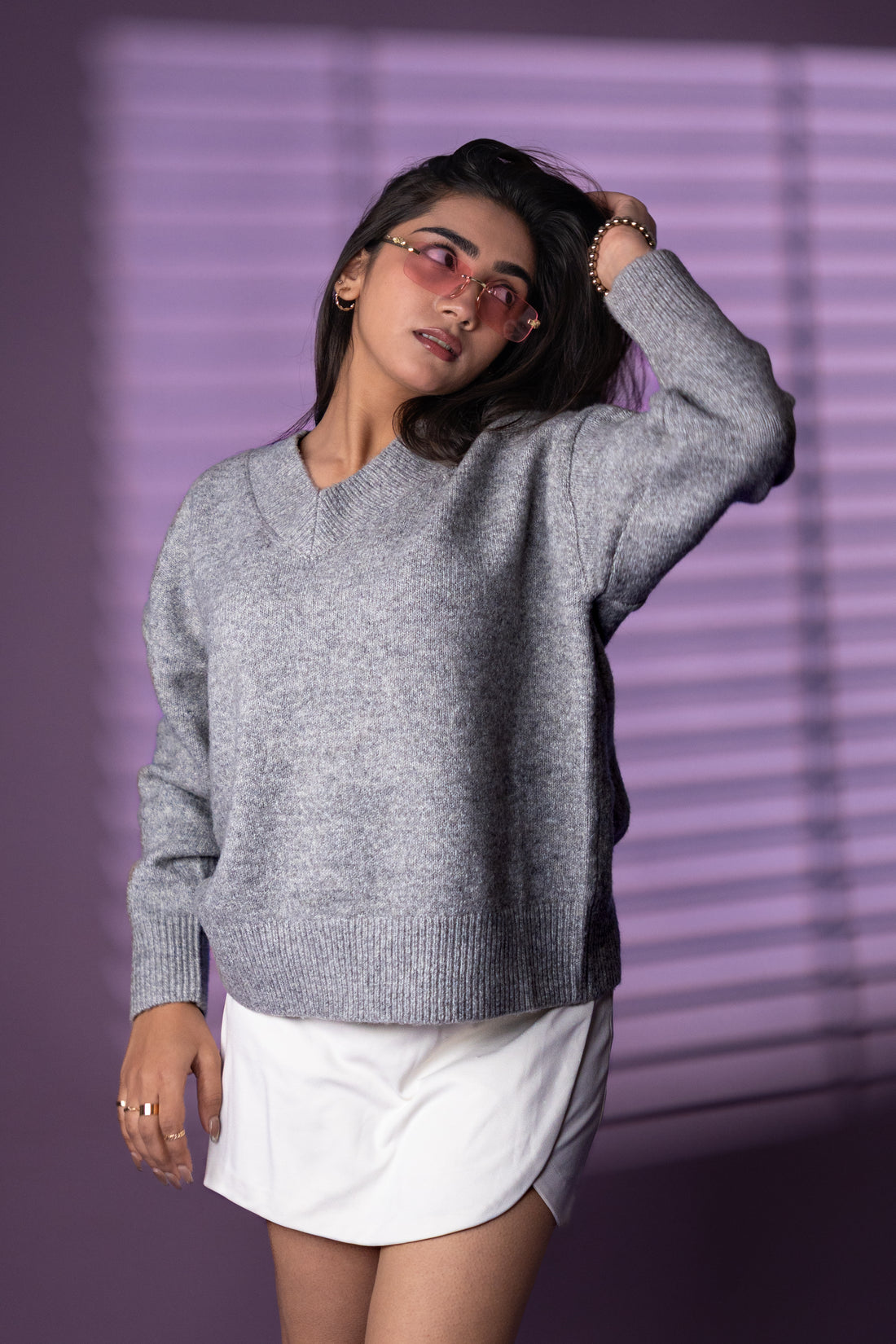 Women’s Grey V-Neck Knit Sweater