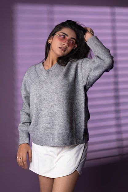 Women’s Grey V-Neck Knit Sweater