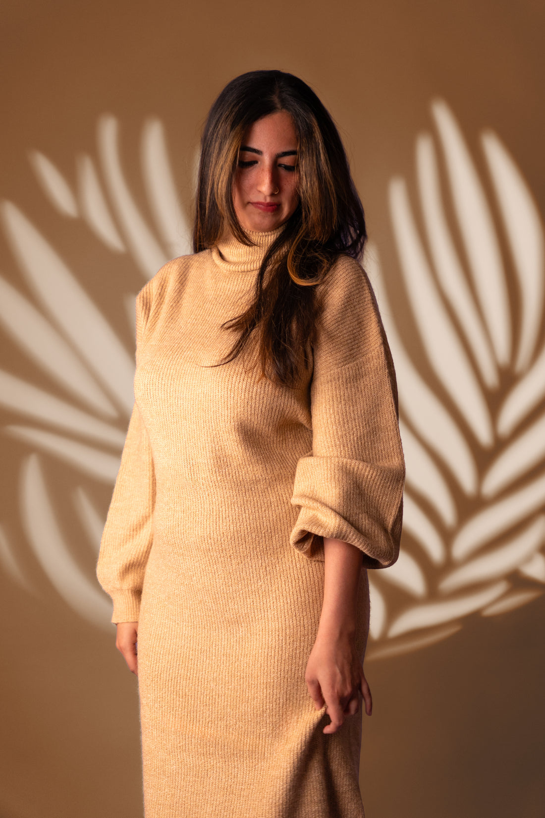 Women’s Beige Turtleneck Long Knit Winter Dress
