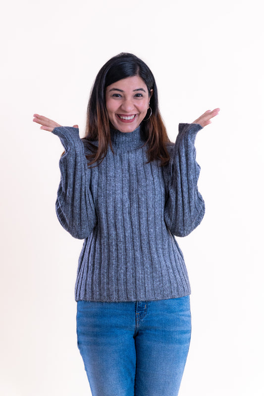 Women’s Grey Ribbed High-Neck Sweater