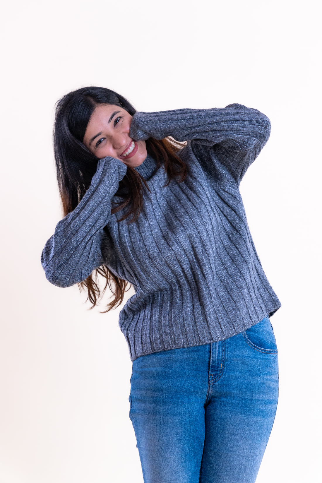 Women’s Grey Ribbed High-Neck Sweater
