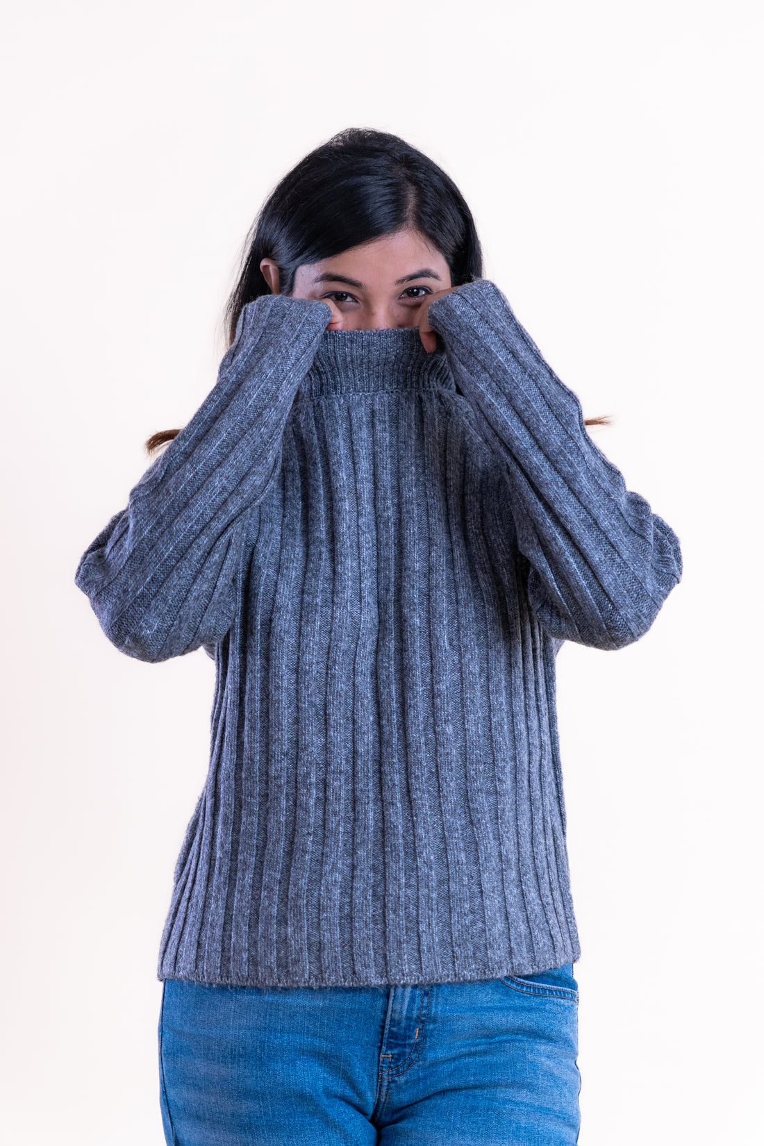 Women’s Grey Ribbed High-Neck Sweater