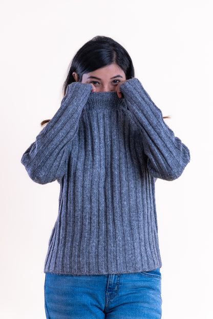 Women’s Grey Ribbed High-Neck Sweater