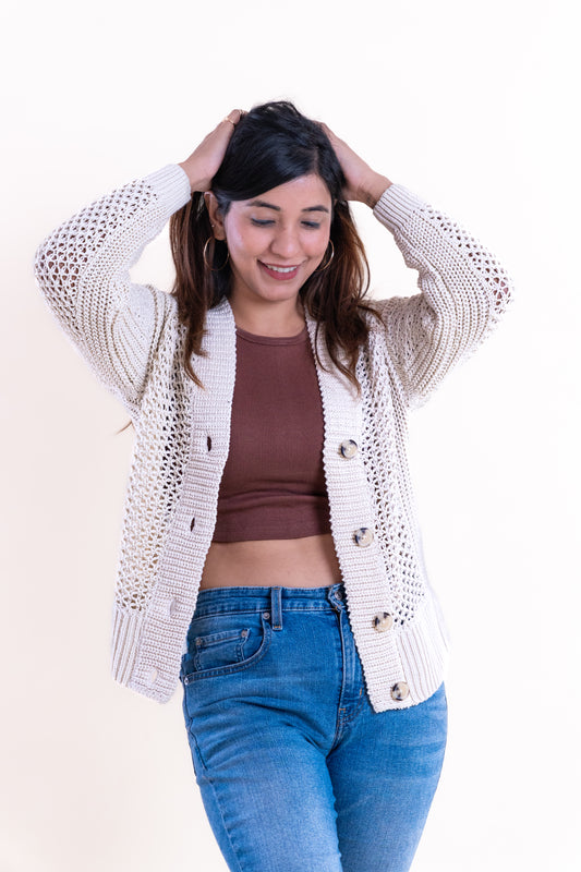 Women’s Cream Open-Knit Buttoned Cardigan