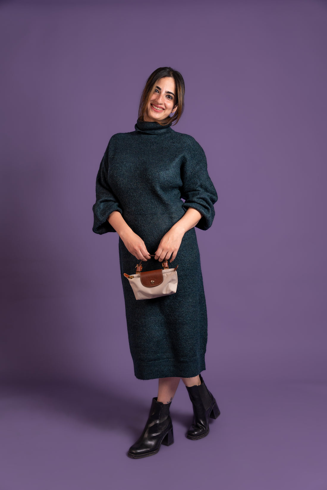 Women’s Bottle Green Turtleneck Long Knit Winter Dress