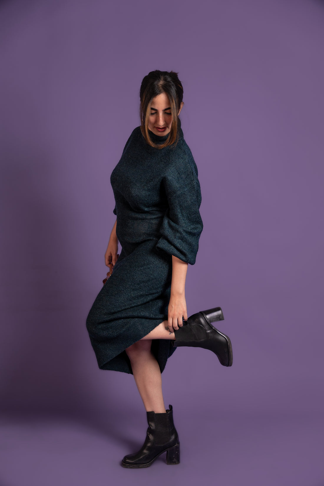 Women’s Bottle Green Turtleneck Long Knit Winter Dress