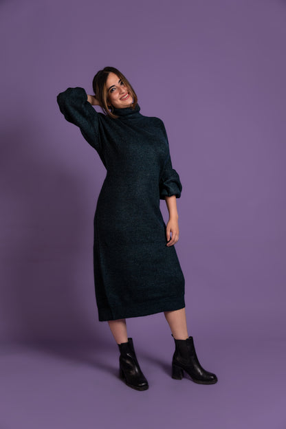 Women’s Bottle Green Turtleneck Long Knit Winter Dress