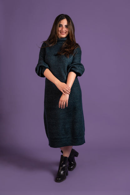 Women’s Bottle Green Turtleneck Long Knit Winter Dress