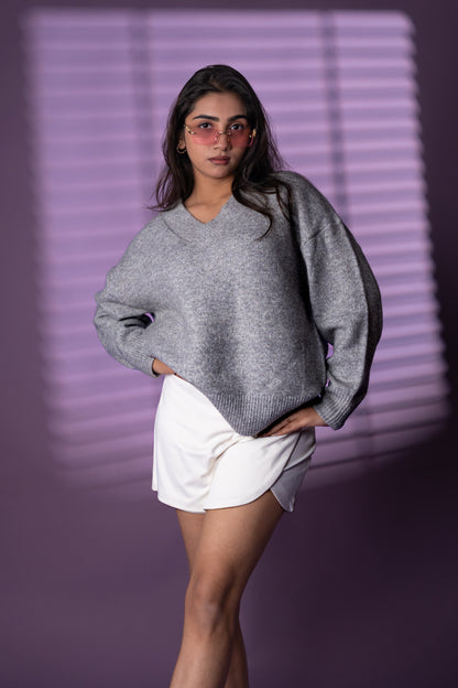 Women’s Grey V-Neck Knit Sweater