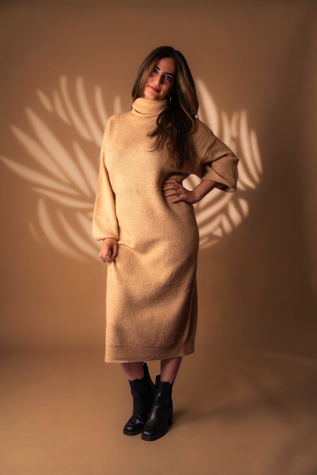 Women’s Beige Turtleneck Long Knit Winter Dress