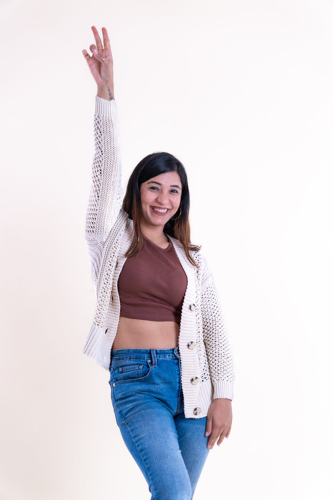 Women’s Cream Open-Knit Buttoned Cardigan