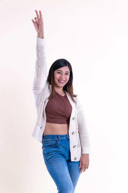 Women’s Cream Open-Knit Buttoned Cardigan