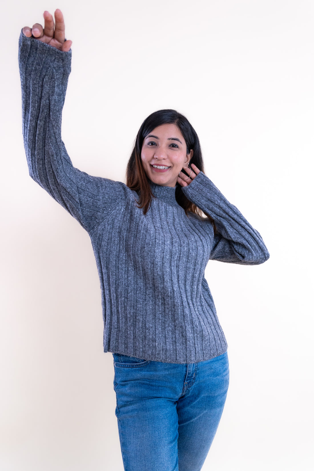 Women’s Grey Ribbed High-Neck Sweater