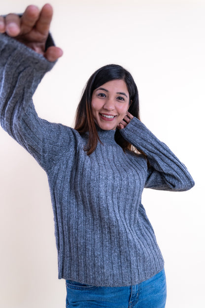 Women’s Grey Ribbed High-Neck Sweater