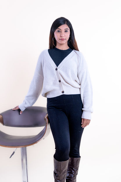Women’s White V-Neck Buttoned Cardigan