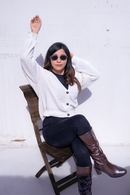 Women’s White V-Neck Buttoned Cardigan