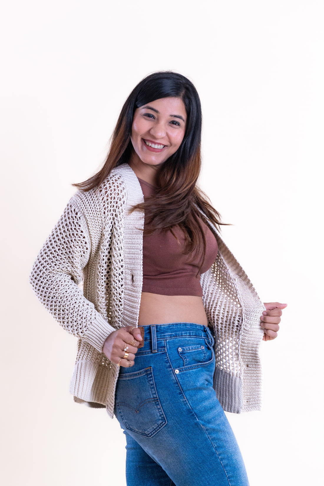 Women’s Cream Open-Knit Buttoned Cardigan
