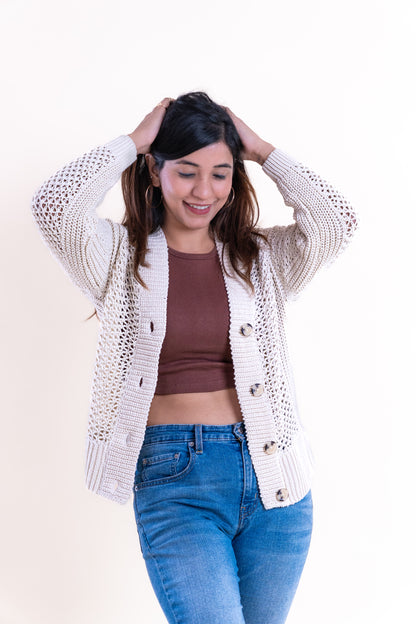 Women’s Cream Open-Knit Buttoned Cardigan