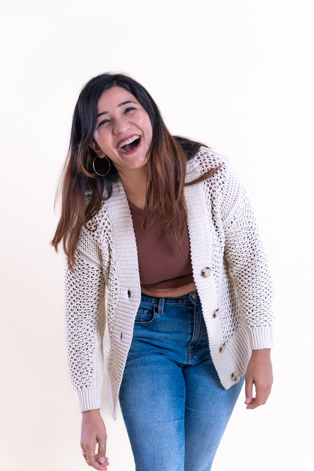 Women’s Cream Open-Knit Buttoned Cardigan