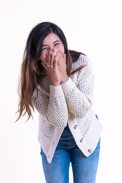 Women’s Cream Open-Knit Buttoned Cardigan