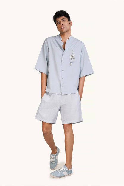 Men’s Powder Blue Relaxed Fit Embroidered Floral Cuban Shirt