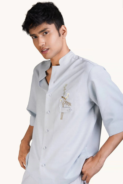 Men’s Powder Blue Relaxed Fit Embroidered Floral Cuban Shirt
